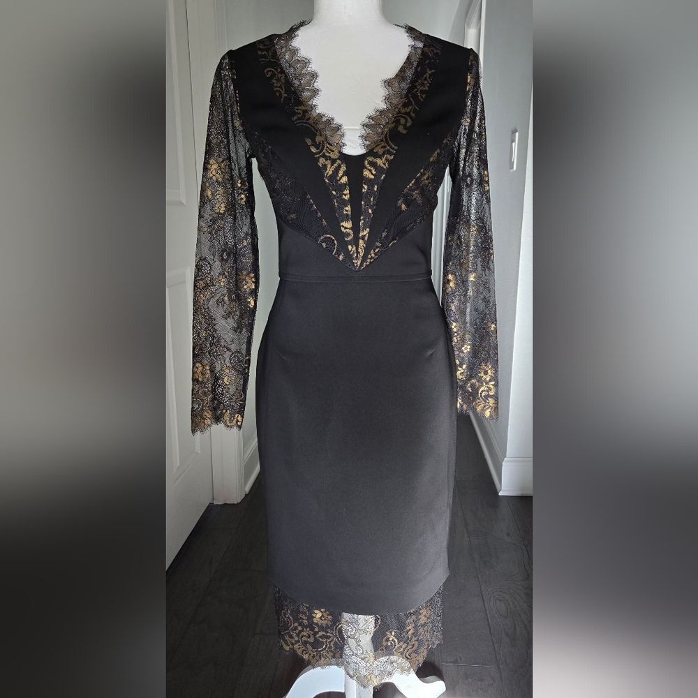Karen Millen Black & Gold Lace Panel Pencil Dress - Size 4 - Picture 2 of 12